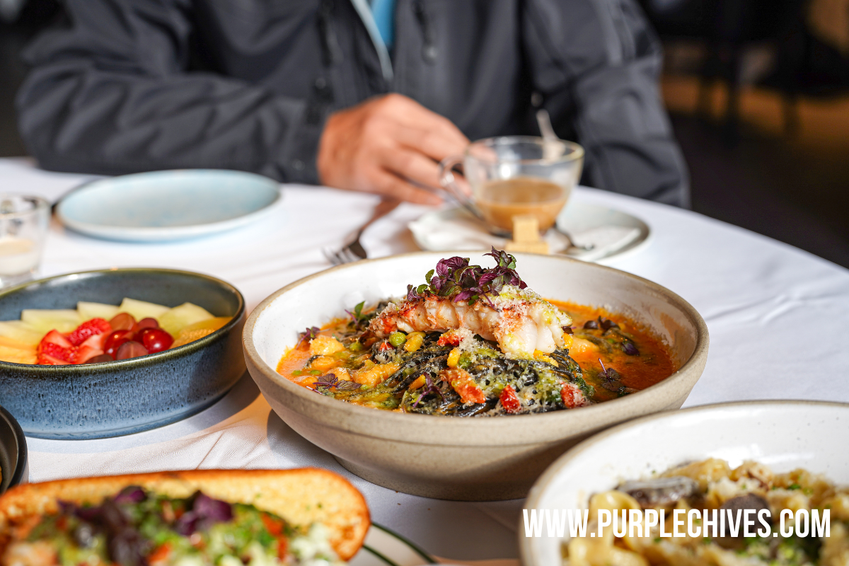 Weekend brunch spread at House of Dawn Steakhouse in Richmond — truffle pasta, lobster linguine, and mushroom toast served with coffee