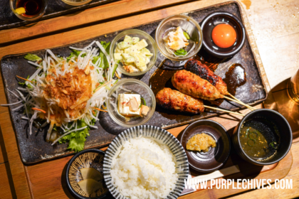 Trio of charcoal-grilled chicken tsukune lunch set at Jidoriya Kokoro in Uji, Kyoto