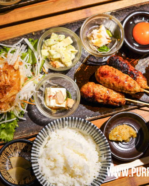 Trio of charcoal-grilled chicken tsukune lunch set at Jidoriya Kokoro in Uji, Kyoto