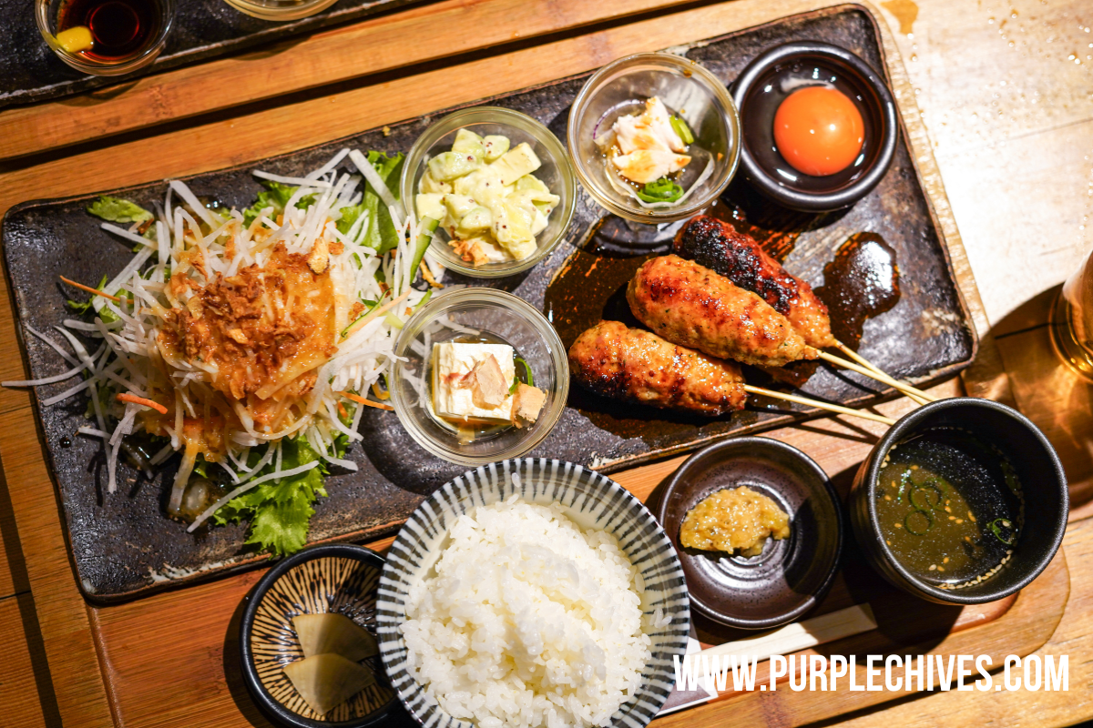 Trio of charcoal-grilled chicken tsukune lunch set at Jidoriya Kokoro in Uji, Kyoto