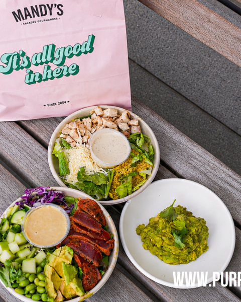 Seared Tuna Salad and The Best Chicken Caesar and guacamole and chips from Mandy's Salads Vancouver